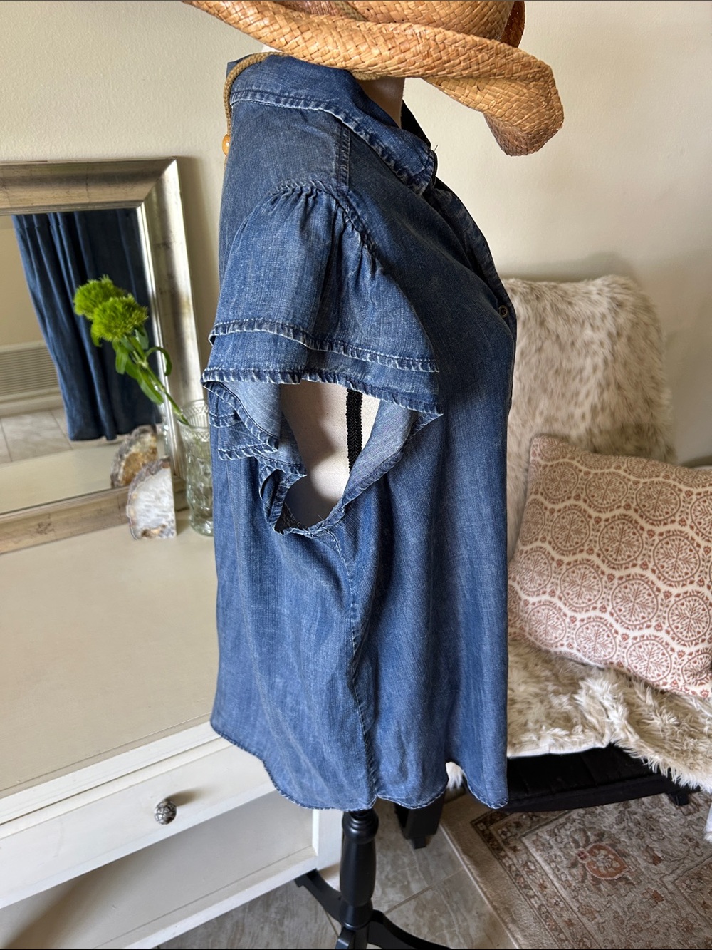 Jane and Delancy denim chambray lyocell western ruffle button down blouse 2X - Picture 6 of 9